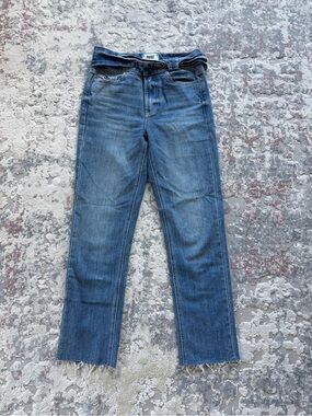 PAIGE Medium Blue Raw-Hem Straight Jeans